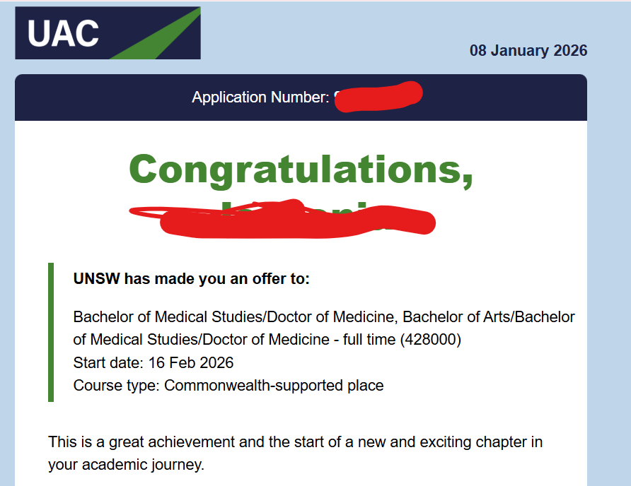 UNSW Medicine offer letter