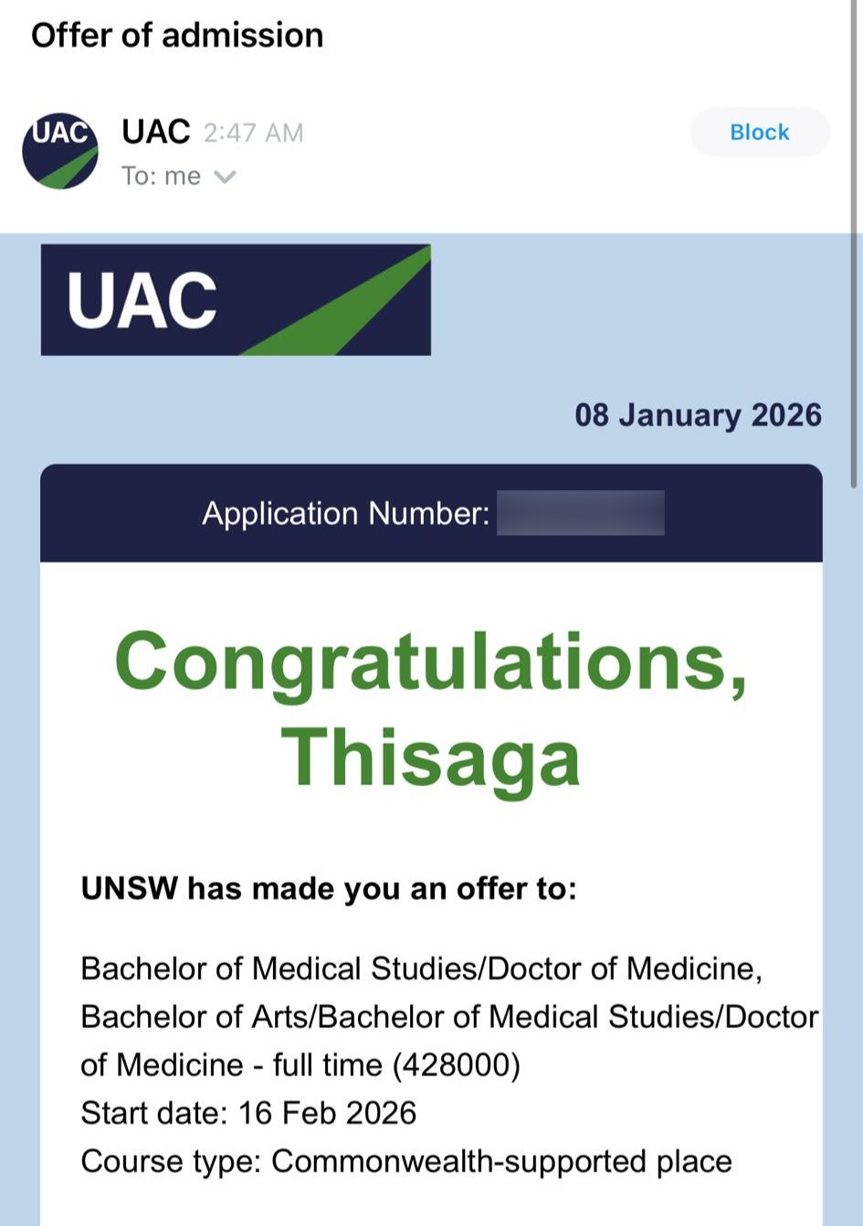 UNSW Medicine offer letter