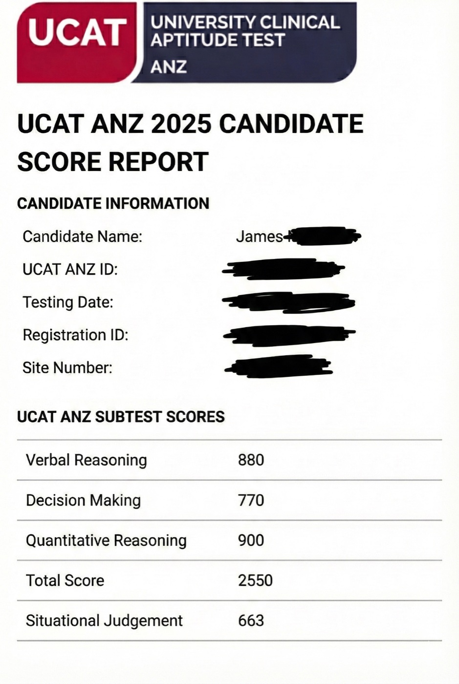 James UCAT score